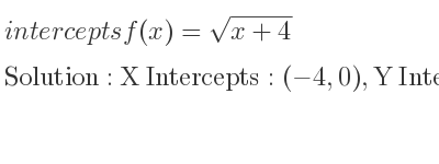 The intercepts of f(x)=sqrt(x+4) is X Intercepts: (-4,0),Y Intercepts: (0,2)